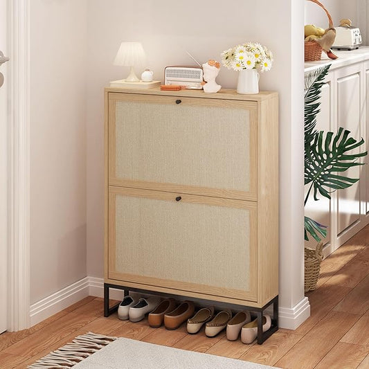 AVZEAR Shoe Cabinet with 2 Flip Drawer Door, Freestanding Shoe Organizer, Shoe Cabinet Storage for Entryway, Shoe Storage Shoe Rack for Closet with Linen Doors Drawer in Hallway, Living Room (Natural)