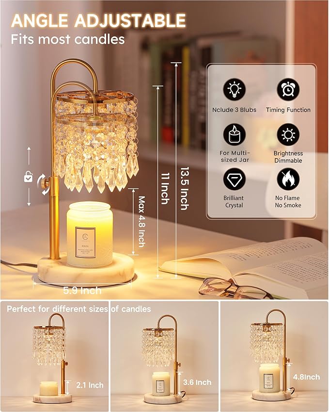 Minimalist Crystal Candle Warmer with Timer Dimmer and 3 Bulbs, Adjustable Height Marble Base for Jar Candles, Ideal House Warming Gift