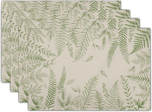 Green Plants Wild Fern Table Mats for Kitchen Set of 4,Green Leaves Botanical Washable Heat-Resistant Linen Fabric Desk Mats 12x18 Inch for Seasonal Home Party Dining Decor