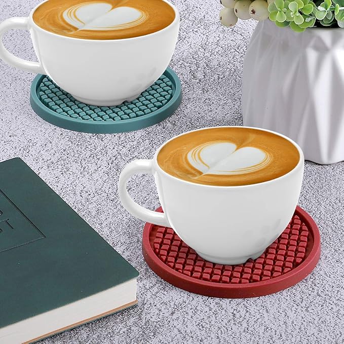 ME.FAN Silicone Coasters [6 Pack] Thickened Drink Coasters with Holder - Cup Mat - Non-Slip, Non-stick, Stay Put, Deep Tray - Prevents Furniture and Tabletop Damages(Red)