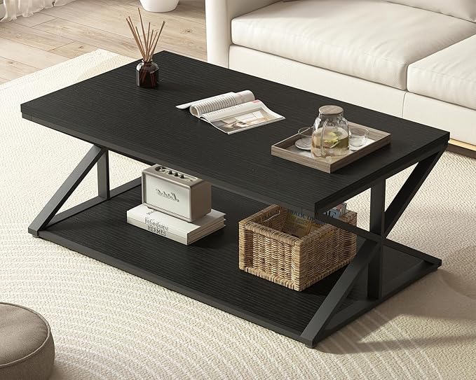 Modern Coffee Table with Storage, Farmhouse Living Room Table, Minimalist Rectangle Center Table, Industrial Vintage Wood Tea Table, 39 Inch, Black Oak