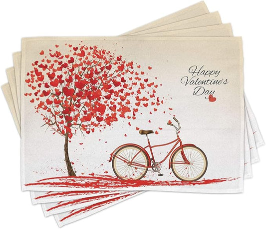 Ambesonne Valentines Day Place Mats Set of 4, Romantic Tree with Blooming Hearts with Bike and Petals Vintage Art, Washable Fabric Placemats for Dining Table, Standard Size, Cream Vermilion