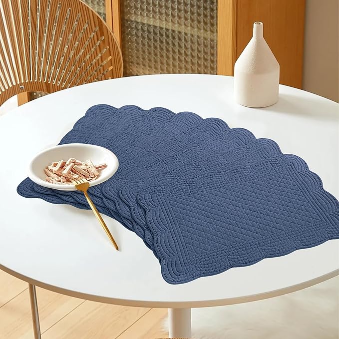 HOMBYS Quilted Placemats Set of 6 Washable-13x18 inches Rectangular Placemats for Kitchen Table-100% Cotton Fabric Rectangular Table Mats, (Sapphire Blue)