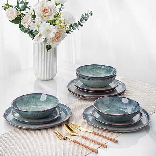 AmorArc Ceramic Dinnerware Sets,Handmade Reactive Glaze Stoneware Plates and Bowls Sets,Highly Chip and Crack Resistant | Dishwasher & Microwave Safe Dishes Set,Service for 8 (24pc)