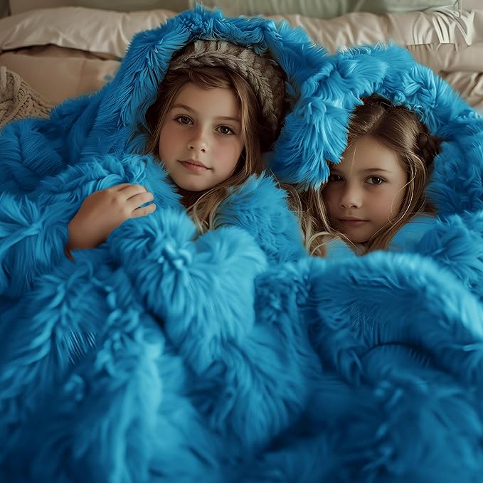 Bedsure Fuzzy Sherpa Faux Fur Twin Blanket Bright Blue Cozy Gifts for Women Men, Soft Fleece Plush Warm Minky Thick Blanket Twin Size for Bed, Room Decor Dorm Essentials Blue Decor Gifts, 60x80