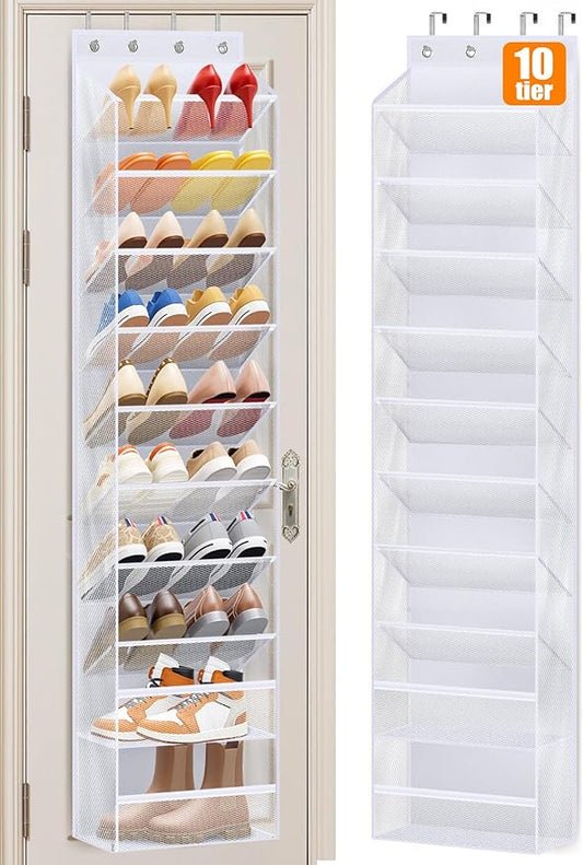 MISSLO 10 Tier Over the Door Shoe Organizer Breathable Mesh Hanging Shoe Rack for Closet Storage Shoe Holder for Door Fit 20 Pairs Sandals, Heels, Boots (White)