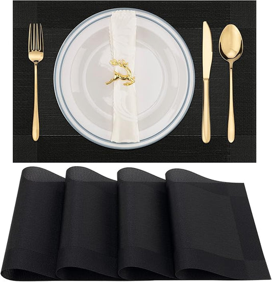 Winknowl Placemats, Set of 4 Heat Resistant Stain Resistant Woven Vinyl Insulation Place mats, Durable Washable Elegant Table Mats for Dining (Black)