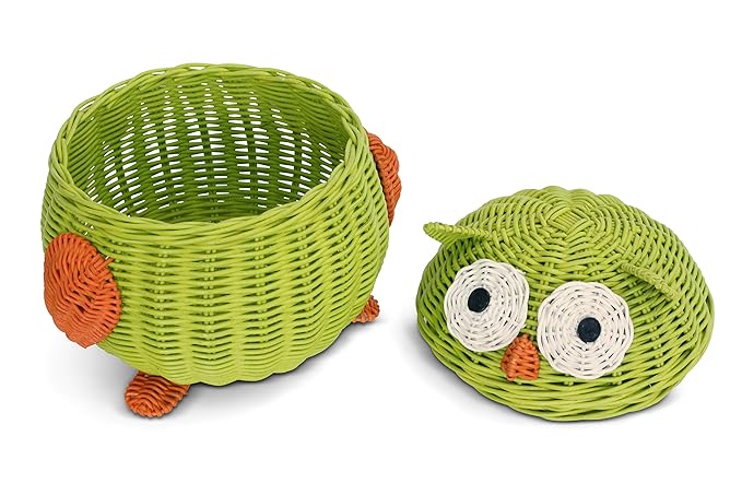 Owl Rattan Storage Basket With Lid Decorative Bin Home Decor Hand Woven Shelf Organizer Cute Handmade Handcrafted Nursery Gift Animal Decoration Artwork Wicker Hoot Owl Green