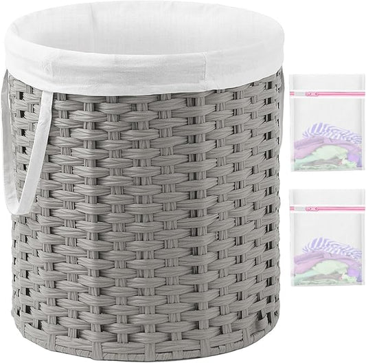 Laundry Hamper Round 26.5 Gal (100L) Handwoven Rattan Laundry Basket, Large Wicker Laundry Hamper with Removable Laundry Bag Handles 2 Mesh Bags for Bathroom Living Room Gray