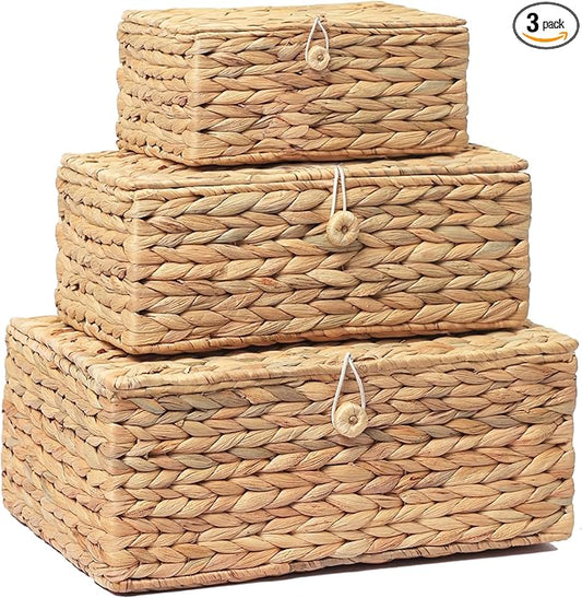 Set of 3 Wicker Storage Baskets with Lid, Large Rectangular Rattan Basket Decorative Boxes, Natural Water Hyacinth Wicker Basket for Shelf Organizer, Nursery Room