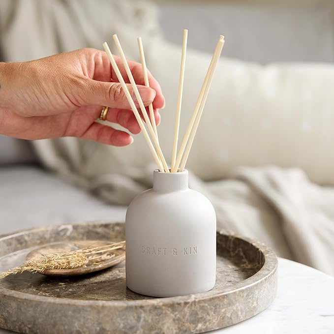 Craft & Kin Reed Diffuser Set - Rose & Oud, Reed Diffusers for Home with Fragrance Sticks - The Earthenware Collection, 6.7oz Alcohol-Free, Essential Oils