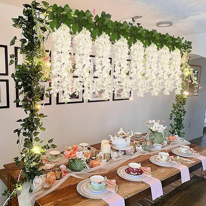 Artificial Lilac Flowers Garland 8Pcs-24Branches 33.5in Fake Syringa Wisteria Vines Faux Silk Lilac Hanging Floral Decoration for Indoor Outdoor Wedding Arch Birthday Party Garden Balcony (White)