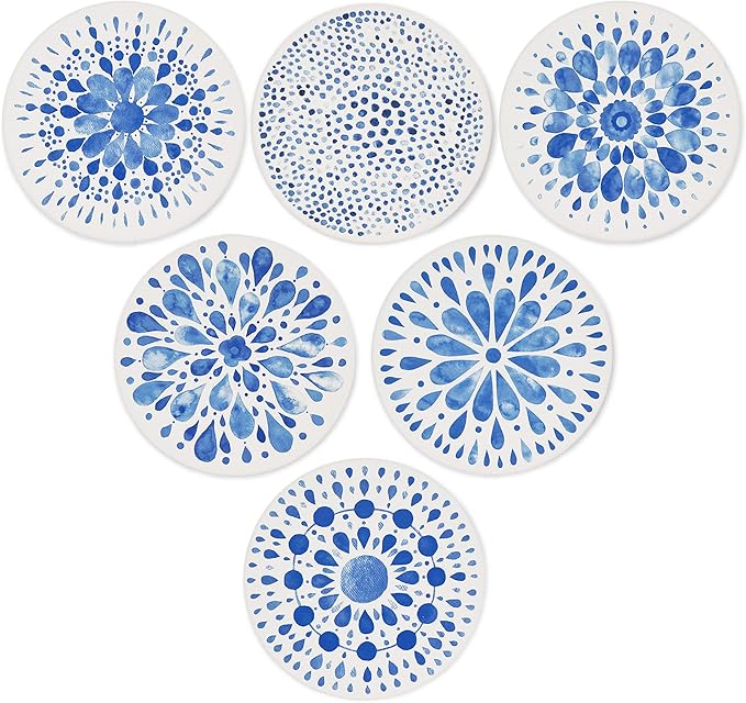 AD Set of 6 Coasters for Drinks Absorbing Round Ceramic Stone Coaster with Cork Base,Tabletop Protection Mat for Mugs and Cups,Office,Kitchen (Indigo Blue 2)