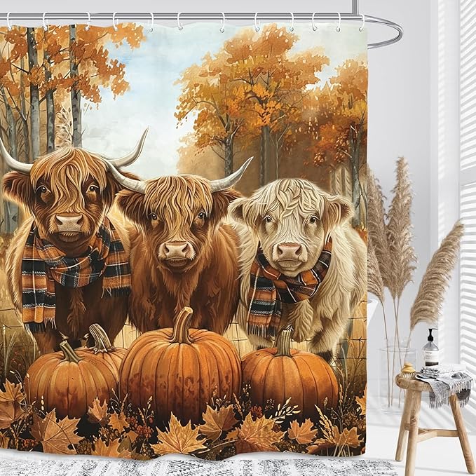 Autumn Highland Cow Shower Curtain 60Wx72L Inch Fall Bull Pumpkin Harvest Maple Orange Animal Thanksgiving Funny Seasonal Bathroom Set Accessories Decor with 12 Pack Hooks