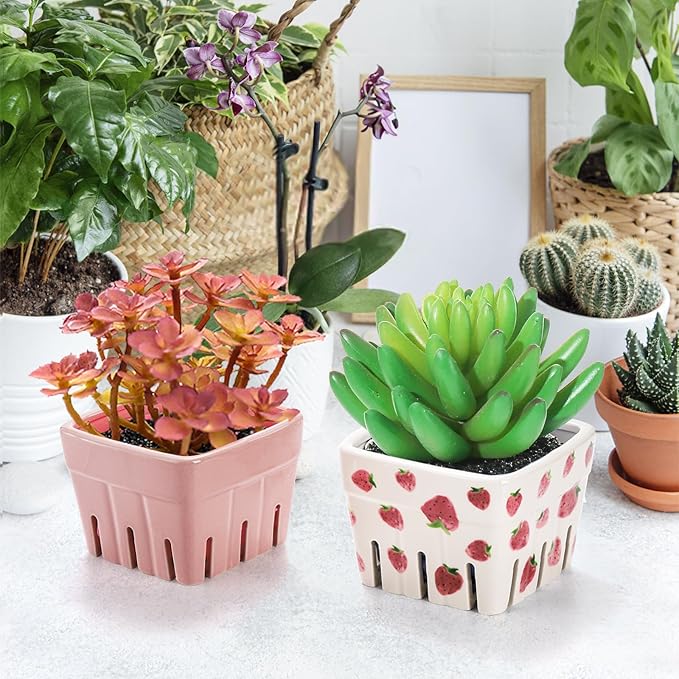 4 Pack Ceramic Berry Basket, Square Fruit Bowls, Kawaii Strawberry Kitchen Bowl Containers, Cute Stoneware Berry Colander Bins for Veggie, Berries, Fruits, Home Decor