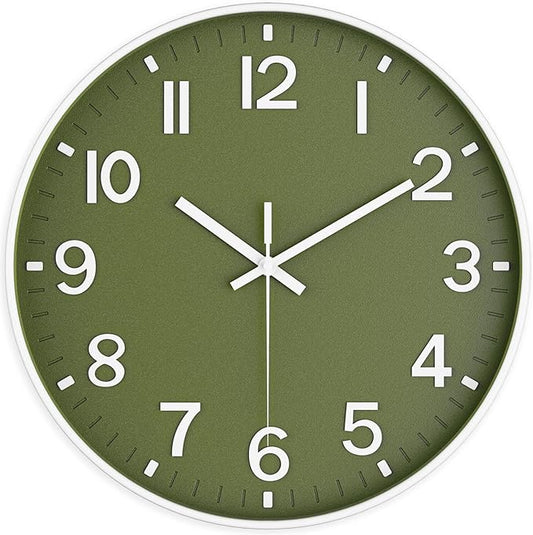 Silent Wall Clock Non-Ticking Battery Operated – Modern Olive Green Analog Wall Clock for Living Room, Kitchen, Office, Bedroom – Stylish Home Wall Decor Clock, 12 Inch