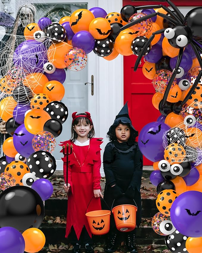 126 Pcs Halloween Balloon Garland Arch Kit, Eye Balloons with Spider Web, Bats, Purple Orange and Black Balloons for Halloween Birthday Supplies Halloween Party Decorations
