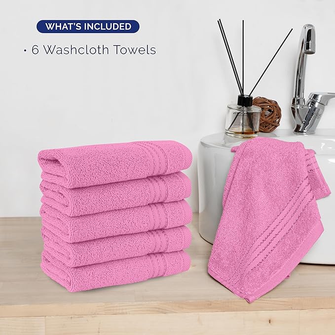 Elegant Comfort Premium Turkish Cotton 6 Pack Washcloths Set - 13 x 13 inch, Luxurious Hotel Spa Quality 100% Turkish Cotton 6PC Washcloth Set - Highly Absorbent - Soft Bathroom Towels, Light Pink