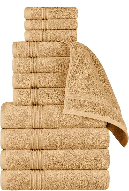 Superior Egyptian Cotton 12-Piece Towel Set, Assorted Towels for Home Bathroom, Guest Bath Decor Essentials, Includes 4 Bath, 4 Hand, 4 Face Towels/Washcloths, Quick Dry, Absorbent - Gold