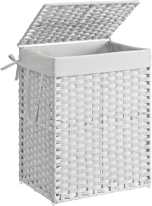 SONGMICS Laundry Hamper with Lid, 23.8 Gallon (90 L) Synthetic Rattan Clothes Laundry Basket with Lid and Handles, Foldable, Removable Liner, Cloud White ULCB51WT