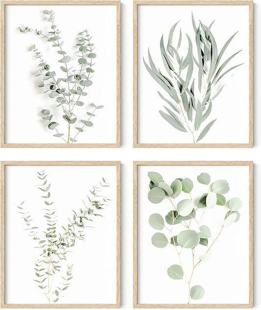 HAUS AND HUES Botanical Plant Wall Art Prints - Set of 4 Plant Wall Decor Prints, Floral Kitchen, Flower Leaves Wall Art, Boho Leaf Eucalyptus Wall Decor, Green Botanical Poster (Beige Frame, 16x20)