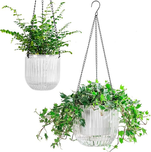 Melphoe 2 Pack Self Watering Hanging Planters Indoor Flower Pots, 5.3/8.3 Inch Outdoor Hanging Basket, Plant Hanger with 3Hooks Drainage Holes for Garden Home (White)