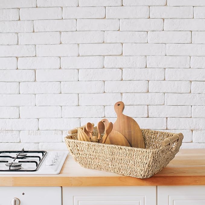 Artera Shallow Wicker Storage Basket - Medium Woven Seagrass Baskets with Wooden Handles for Bathroom, Kitchen Pantry Organizing, Perfect as Drawers, 15" x 10.6" x 5,3" (2, M)