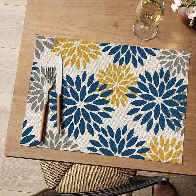 Artoid Mode Floral Vinyl Placemats Set of 6, Heat Resistant Washable Non-Slip Plistic PVC Place Mats for Party Kitchen Dining Decor, Blue Yellow
