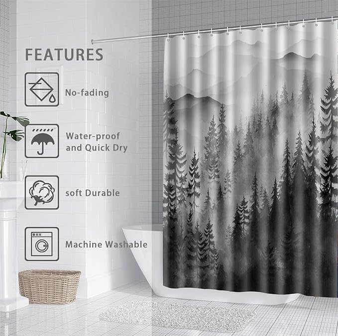Foggy Mountain Shower Curtain Sets ature Woodland Forest Shower Curtains with 12 Hooks (Forest, 72" x 72")