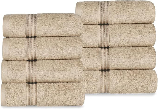 Superior Egyptian Cotton 8-Piece Hand Towel Set, Towel Basics For Quick Dry, Absorbent Small Towels, Facial, Spa, Kitchen, Bathroom Essentials, Apartment, Guest Bath, Soft, Washcloth, Taupe