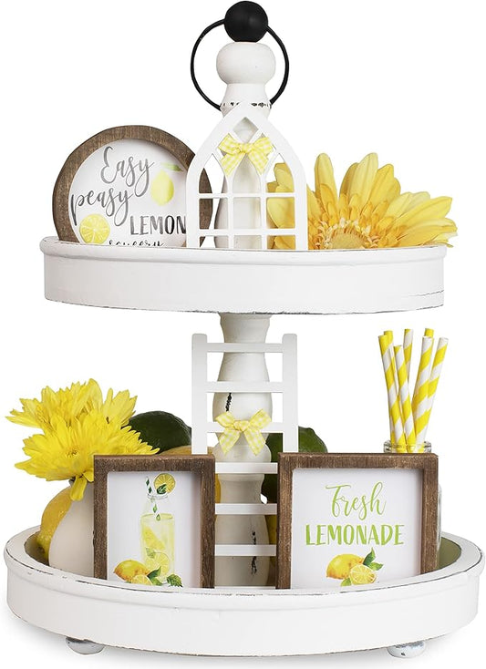 The Ultimate Farmhouse Tiered Tray Decor Set - Beautiful Year Round Seasonal & Holiday Decoration Bundle - The Perfect Lemon, 4th of July, Summer and Spring Centerpiece Design for Home & Kitchen Decor