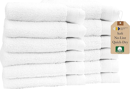California Design Den Extra Soft and Fluffy 100% Cotton Washcloths - Pack of 12 Quick Dry & Highly Absorbent, Hotel Quality, Small Hand Towel Set for Gym, Salon, Spa & Home Care, White - 13" x 13"