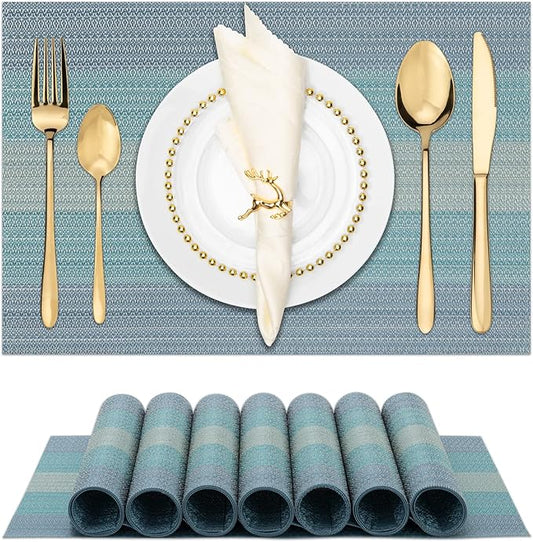 Winknowl Placemats, Set of 8 Heat Resistant Stain Resistant Woven Vinyl Insulation Placemats, Durable Washable Elegant Table Mats for Dining (Blue)