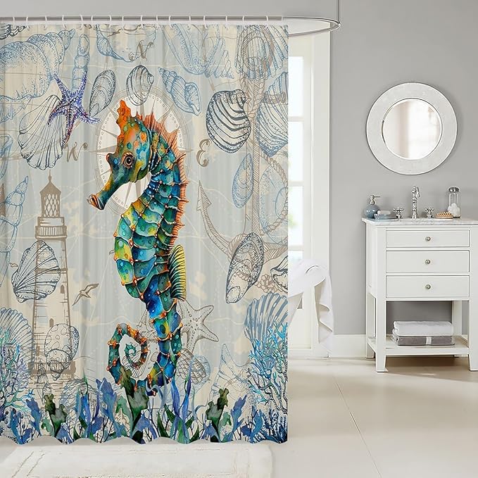 Feelyou Seahorse Fabric Shower Curtain Under Sea Animals Shower Curtain for Kids Shells and Corals Bathroom Waterproof Accessories with 12 Hooks Watercolor Green and Brown Curtains,72X84 Inches