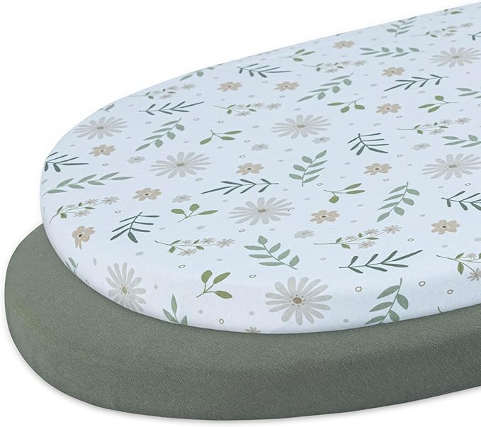 Bassinet Sheet, 100% Cotton Knitted Jersey, Fit Bassinet Crib Mattresses, Fitted Crib Sheets, Super Soft, Toddler Fitted Sheet, Unisex,2 Pack,Green/Flowers, 17x32x4