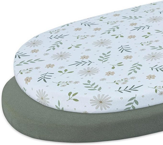 Bassinet Sheet, 100% Cotton Knitted Jersey, Fit Bassinet Crib Mattresses, Fitted Crib Sheets, Super Soft, Toddler Fitted Sheet, Unisex,2 Pack,Green/Flowers, 17x32x4