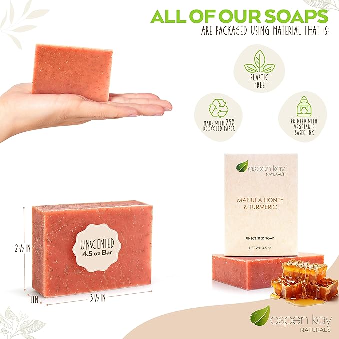 Turmeric & Manuka Honey Soap Bar for Body & Face, Natural Turmeric Soap for Dark Spots, Made In USA with Natural & Organic Ingredients - Gentle For All Skin Types – 4.5 Ounce Bar
