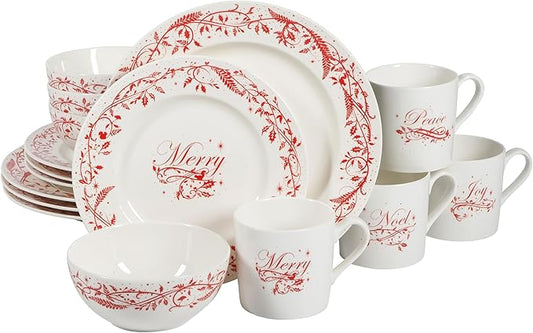 Martha Stewart Christmas Holiday Plates 16-Piece Porcelain Chip and Scratch Resistant Dinnerware Set
