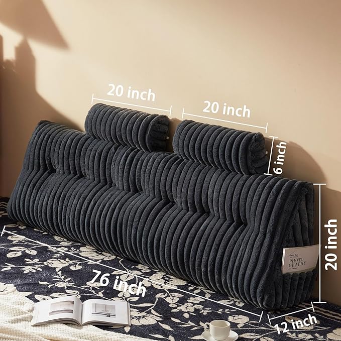 Faux Fur Headboard Pillow with 2 Pack Neck Roll Pillow Large Headboard Pillow Soft and Supportive with Removable Cover (Grey, King)