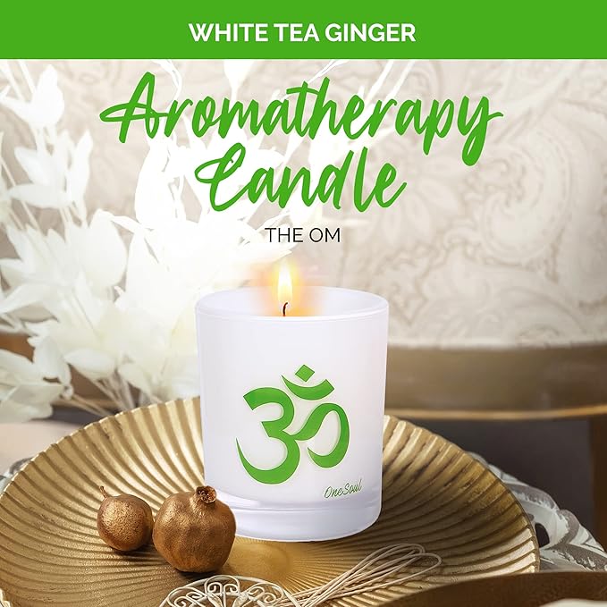 White Tea Ginger Aromatherapy Scented Candles, Luxury Spicy Lemony Citrus Yoga Candles for Home Scented with Om Design, Hand-Poured Soy Candles, 50 Hours Burning Time, 7.6 oz. - OneSoul Collection