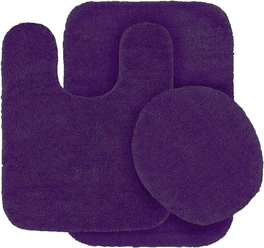 Fancy Linen 3pc Solid Non-Slip Bath Mat Set Bathroom U-Shaped Contour Rug, Mat and Toilet Lid Cover New # 6 (Dark Purple)