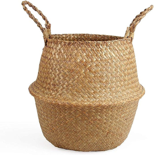 Woven Seagrass Wicker Basket with Handle - Planters for Indoor Plants, Storage & Picnic Basket Organizer, Garden Basket Fits 6-7 Inch Plant Pots & Groceries (Small, Original)
