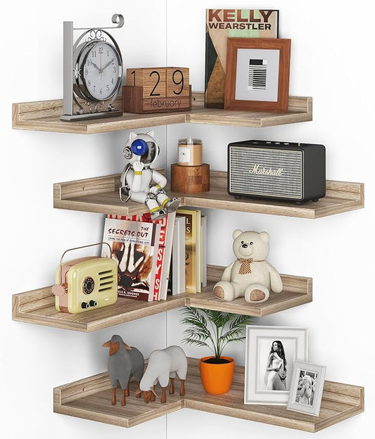 4 Tier Floating Corner Shelves - Set of 4 Rustic Wooden Floating Corner Wall Shelf with Cord Hole, L Shaped Corner Shelf Wall Mount for Bedroom,Living Room,Bathroom,Kitchen,Carbonized Black