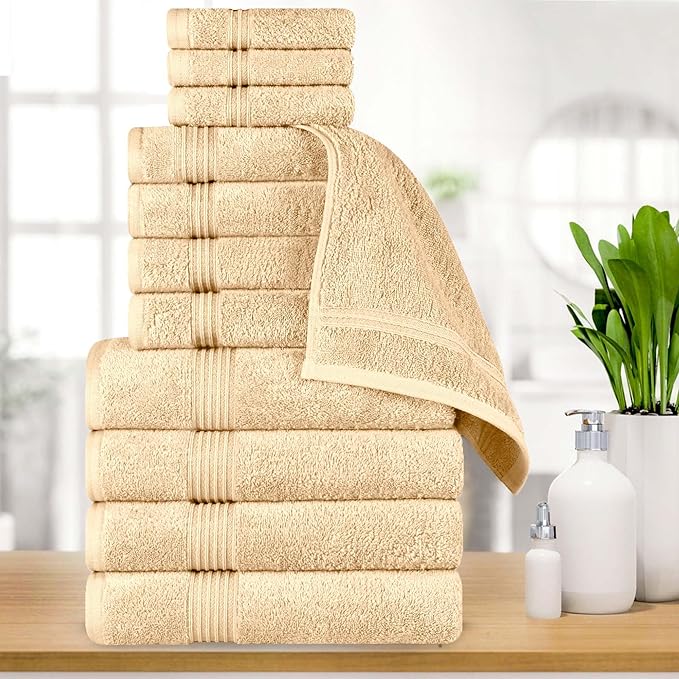 Superior Egyptian Cotton 12-Piece Towel Set, Assorted Towels for Home Bathroom, Guest Bath Decor Essentials, Includes 4 Bath, 4 Hand, 4 Face Towels/Washcloths, Quick Dry, Absorbent - Canary