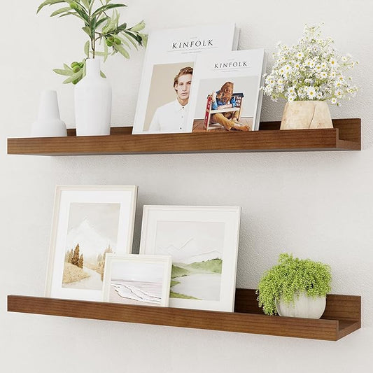 Picture Ledge Shelf, Solid Pine Wood Rustic Floating Shelves for Wall, 24 Inch Floating Shelves with Lip for Bedroom Kitchen Living Room Nursery Display Wall Decor, Set of 2 (Walnut)