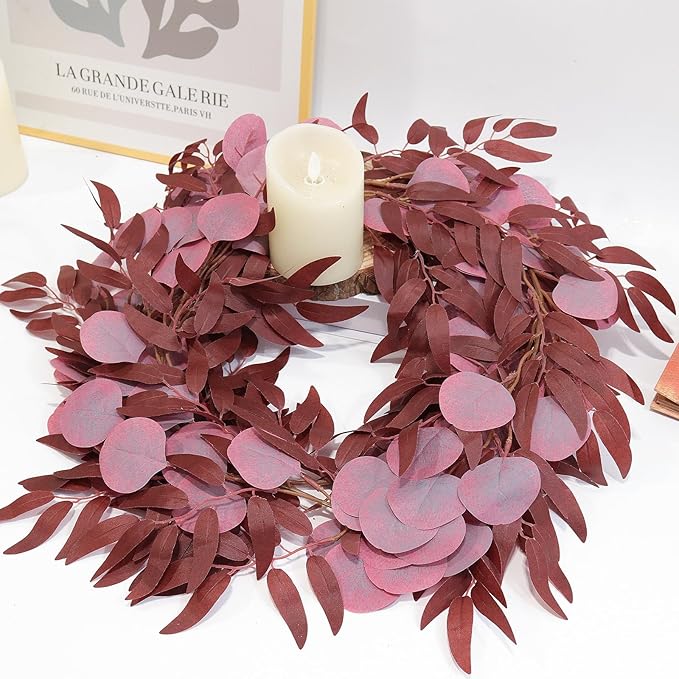2Pcs Artificial Eucalyptus Garlands with Willow Leaves 6.6 Ft Faux Hanging Eucalyptus Willow Vines Fall Rattan for Thanksgiving Christmas Party Wedding Table Centerpiece Fireplace Decoration(Burgundy)