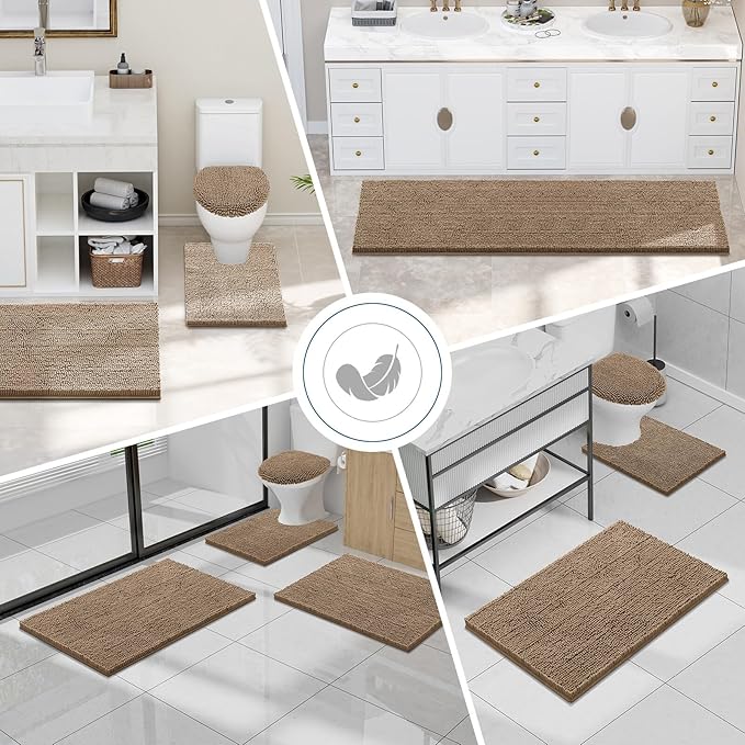 Smiry Luxury Chenille Bathroom Rugs 30x20, Extra Soft and Absorbent Shaggy Bath Mat, Machine Washable, Non-Slip Plush Carpet Runner for Tub, Shower, and Floor, Home Decor Accessories, Camel