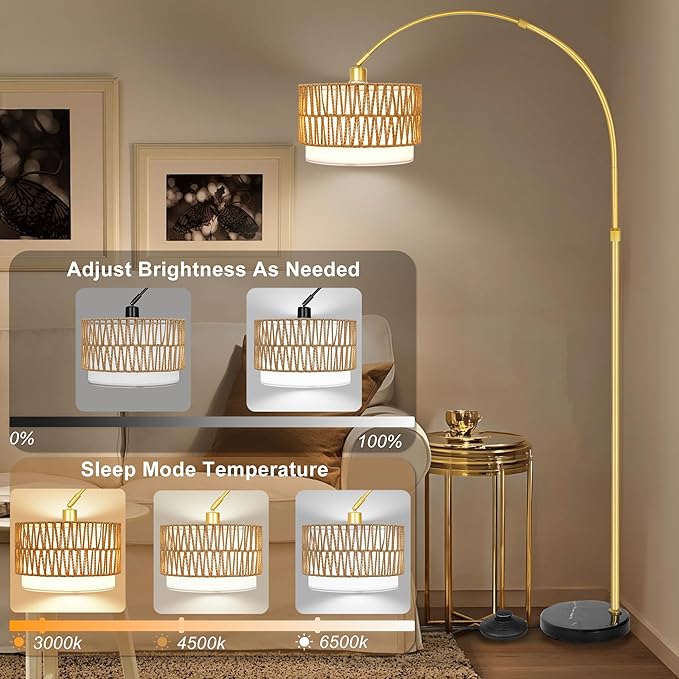 Rattan Floor Lamp for Living Room Arc Boho Floor Lamp with Rattan & Linen Double Shades Adjustable Tall Wicker Lamps with 3 Color Temperatures for Bedroom Office Reading,Gold