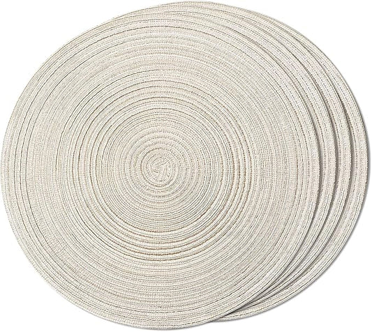 FunWheat Round Braided Placemats Set of 4 Place mats for Dining Tables Woven Heat Resistant Table Mats 15 inch (E Beige, 4pcs)