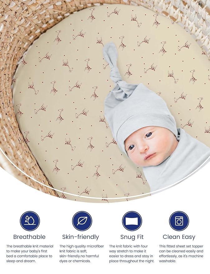 TotAha Premium Soft Bassinet Sheet for Boy Girl, Super Stretchy Jersey Knit Bassinet Fitted Sheet, Compatible with Halo, Maxi COSI, Mika Micky, SNOO, and Other Bassinet, 2 Pack (Cute Deer & Sheep)